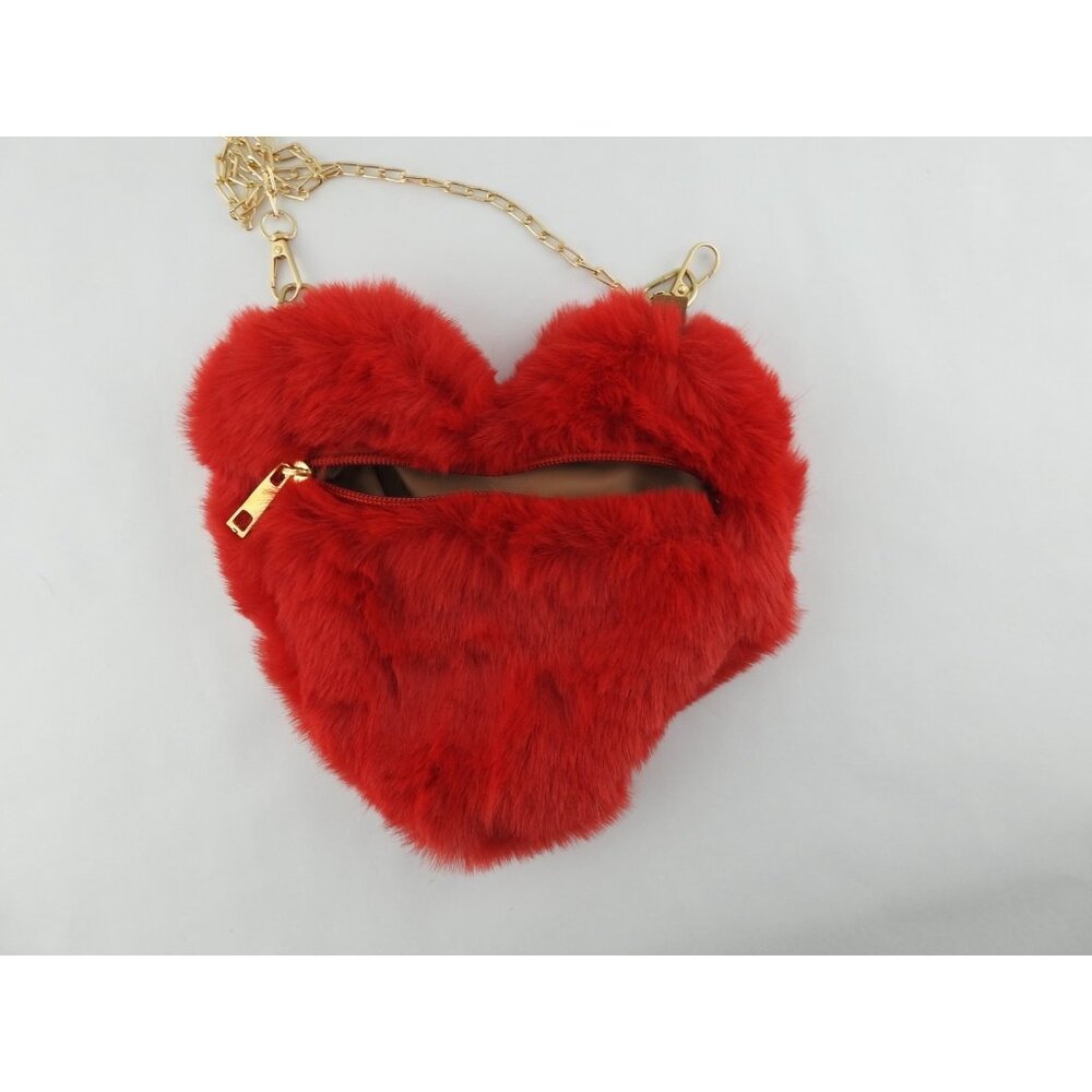 Red Faux Fur Heart Purse Crossbody Bag Gold Chain Zipper Closure Valentines - Picture 2 of 4